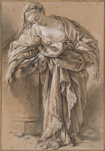 Studie af en draperet kvinde, der læner sig op på en piedestal af François Boucher