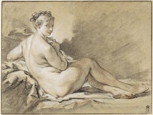 Studie af en nøgen kvinde - Francois Boucher (1703-1770). Sanguine, sort og hvid kridt på papir