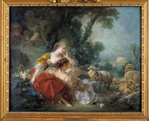 Venskabsskolen Scene bucolique: to hyrder og flokken. Maleri af Francois Boucher (1703-1770) 1760 Karlsruhe. Staatliche Kunsthalle af François Boucher