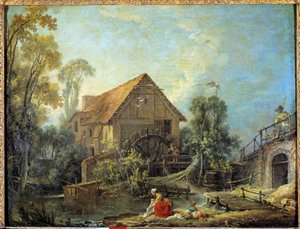 Møllen En kvinde vasker vasketøjet i åen nær en vandmølle. Maleri af Francois Boucher (1703-1770) 1751 søn. 0,66 x 0,84 m. - Møllen. En kvinde vasker tøj i åen nær en vandmølle. Maleri af Francois Boucher (1703-1770) 1751. 0,66 af François Boucher