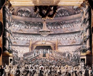 Ludvig XVIII (1755-1824) deltager i teatret i Odeon ved en fest afholdt af Nationalgarden i Paris i 1819 Tegning af Francois Buffet (1789-1843) Søn. 36x44 cm Versailles, musee du chateau af Francois Buffet
