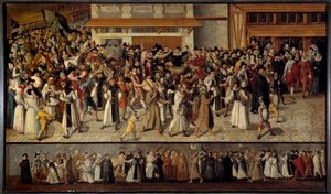 Religiøse krige mellem katolikker og protestanter: "" Ligaens procession for at forlade Notre Dame på øen La Cite i 1593". Maleri af Francois II Bunel (1522-1599)