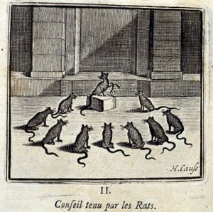 Bestyrelse holdt af Rotterne. Fabler af Jean de La Fontaine (1621-95). Illustration af Francois Chauveau (1613-1676). Udgave af 1728. af Francois Chauveau