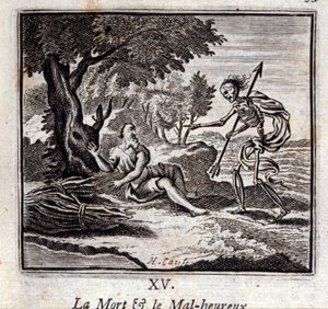 Døden og de ulykkelige. Fabler af Jean de La Fontaine (1621-95). Illustration af Francois Chauveau (1613-1676). Udgave af 1728. af Francois Chauveau