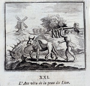 Æsel iført løvens hud. Fabler af Jean de La Fontaine (1621-95). Illustration af François Chauveau (1613-1676). Udgave af 1728. af Francois Chauveau