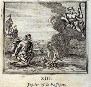 Jupiter og passageren. Fabler af Jean de La Fontaine (1621-95). Illustration af Francois Chauveau (1613-1676). Udgave af 1728. af Francois Chauveau