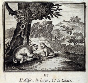 The Eagle the Laie and the Cat. Fables af Jean de La Fontaine (1621-95). Illustration af Francois Chauveau (1613-1676). Udgave af 1728. af Francois Chauveau