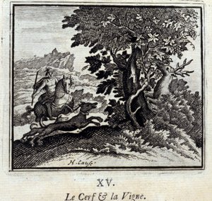 Hjorten og vinstokken Fabler af Jean de La Fontaine (1621-95). Illustration af François Chauveau (1613-1676). Udgave af 1728. af Francois Chauveau