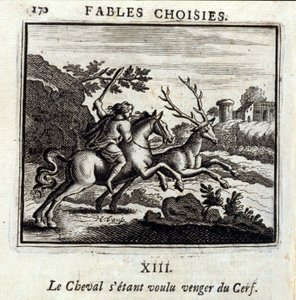 Hesten ønskede hævn for hjorten. Fabler af Jean de La Fontaine (1621-95). Illustration af Francois Chauveau (1613-1676). Udgave af 1728. af Francois Chauveau