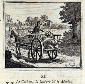 Svinen Geden og Mut.Fables af Jean de La Fontaine (1621-95). Illustration af Francois Chauveau (1613-1676). Udgave af 1728. af Francois Chauveau