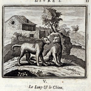 Ulven og hunden. Fabler af Jean de La Fontaine (1621-95). Illustration af Francois Chauveau (1613-1676). Udgave af 1728. af Francois Chauveau