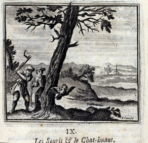 Musene og Huant-kattens fabler af Jean de La Fontaine (1621-95). Illustration af François Chauveau (1613-1676). Udgave af 1728. af Francois Chauveau