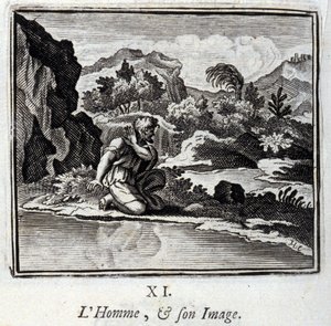 Mennesket og dets billede. Fabler af Jean de La Fontaine (1621-95). Illustration af Francois Chauveau (1613-1676). Udgave af 1728. af Francois Chauveau