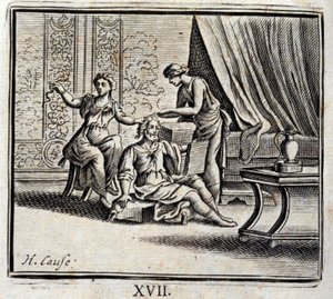 Mand mellem to aldre og hans to elskerinder. Fabler af Jean de La Fontaine (1621-95). Illustration af Francois Chauveau (1613-1676). Udgave af 1728. af Francois Chauveau