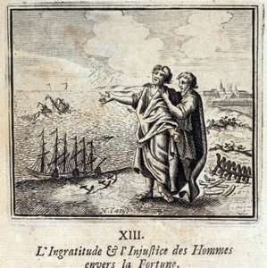 Mænds utaknemmelighed og uretfærdighed mod formue. Fabler af Jean de La Fontaine (1621-95). Illustration af François Chauveau (1613-1676). Udgave af 1728. af Francois Chauveau