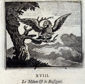 Milano og Nattergalen. Fabler af Jean de La Fontaine (1621-95). Illustration af Francois Chauveau (1613-1676). Udgave af 1728. af Francois Chauveau