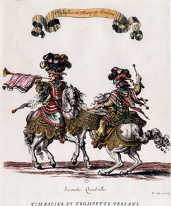 Persisk timbalier og trompet under karrusellen givet af kong Louis XIV (1639-1715) Gravering af Francois Chauveau (1613-1676) ca. 1662 Privat samling af Francois Chauveau