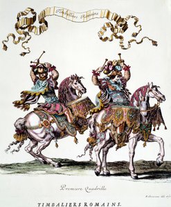 Romerske timbaliers under karrusellen givet af kong Ludvig XIV (1638-1715) i 1662 Gravering af Francois Chauveau (1613-1676) 1600-tallets privatsamling
