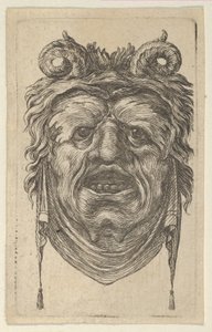 Satyrmaske med krøllede horn, bladrige øjenbryn og en klud, der hænger under hagen, ca. 1635-45. af Francois Chauveau