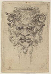 Satyrmaske med krøllede horn, der kigger ned, fra Divers Masques, ca. 1635-45. af Francois Chauveau
