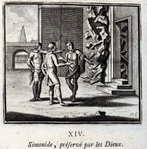 Simonides bevaret af guderne. Fabler af Jean de La Fontaine (1621-95). Illustration af Francois Chauveau (1613-1676). Udgave af 1728. af Francois Chauveau