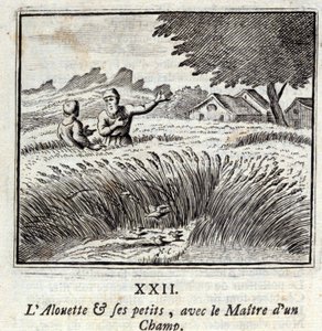 Alouette og hans små børn sammen med mesteren på en mark. Fabler af Jean de La Fontaine (1621-95). Illustration af François Chauveau (1613-1676). Udgave fra 1728. af Francois Chauveau