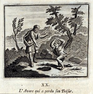 The Avare, der mistede sin tresor.Fables af Jean de La Fontaine (1621-95). Illustration af François Chauveau (1613-1676). Udgave af 1728. af Francois Chauveau