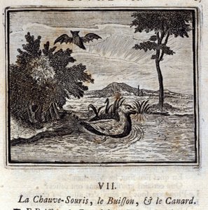 Flagermusen, Bushen og Anden. Fabler af Jean de La Fontaine (1621-95). Illustration af François Chauveau (1613-1676). Udgave af 1728. af Francois Chauveau