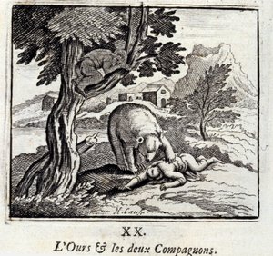 Bjørnen og de to ledsagere. Fabler af Jean de La Fontaine (1621-95). Illustration af François Chauveau (1613-1676). Udgave af 1728. af Francois Chauveau