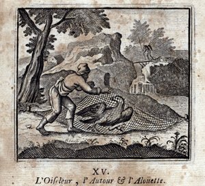 Fuglefuglen rundt og Alouetten. Fabler af Jean de La Fontaine (1621-95). Illustration af François Chauveau (1613-1676). Udgave af 1728. af Francois Chauveau