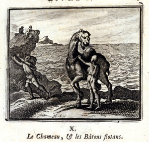 Kamelen og de flydende stokke. Fabler af Jean de La Fontaine (1621-95). Illustration af François Chauveau (1613-1676). Udgave af 1728. af Francois Chauveau