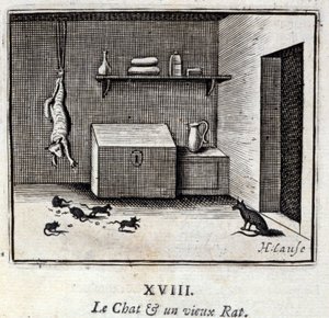 Katten og en gammel rotte. Fabler af Jean de La Fontaine (1621-95). Illustration af Francois Chauveau (1613-1676). Udgave af 1728. af Francois Chauveau