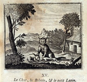 Katten, væselet og den lille kanin. Fabler af Jean de La Fontaine (1621-95). Illustration af François Chauveau (1613-1676). Udgave fra 1728. af Francois Chauveau
