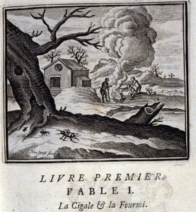 Cigalen og myren. Fabler af Jean de La Fontaine (1621-95). Illustration af François Chauveau (1613-1676). Udgave fra 1728. af Francois Chauveau