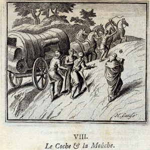 Cochen og Fluen. Fabler af Jean de La Fontaine (1621-95). Illustration af Francois Chauveau (1613-1676). Udgave af 1728. af Francois Chauveau