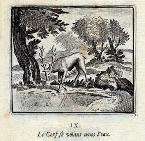 Hjorten ser sig selv i vandet. Fabler af Jean de La Fontaine (1621-95). Illustration af François Chauveau (1613-1676). Udgave fra 1728. af Francois Chauveau
