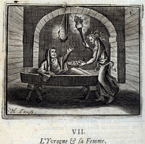 Fuldmanden og hans kone. Fabler af Jean de La Fontaine (1621-95). Illustration af François Chauveau (1613-1676). Udgave fra 1728. af Francois Chauveau