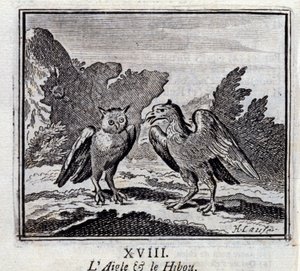 Ørnen og uglen. Fabler af Jean de La Fontaine (1621-95). Illustration af François Chauveau (1613-1676). Udgave af 1728. af Francois Chauveau