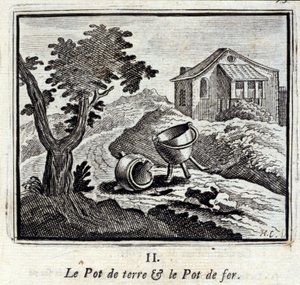 Jordgryden og jerngryden. Fabler af Jean de La Fontaine (1621-95). Illustration af François Chauveau (1613-1676). Udgave fra 1728. af Francois Chauveau