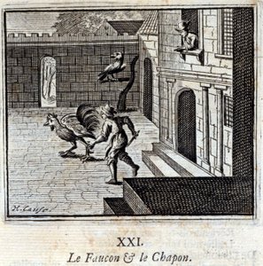 Falken og Kaponen. Fabler af Jean de La Fontaine (1621-95). Illustration af François Chauveau (1613-1676). Udgave af 1728. af Francois Chauveau