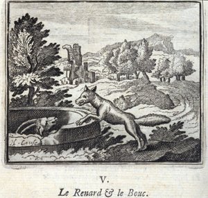 The Fox and the Bouc.Fables af Jean de La Fontaine (1621-95). Illustration af François Chauveau (1613-1676). Udgave af 1728. af Francois Chauveau