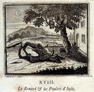 Ræven og Indiens høns. Fabler af Jean de La Fontaine (1621-95). Illustration af François Chauveau (1613-1676). Udgave af 1728. af Francois Chauveau