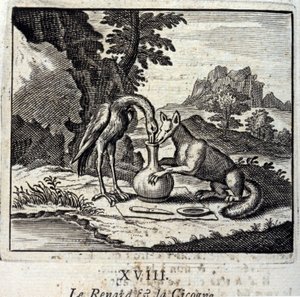 Ræven og storken. Fabler af Jean de La Fontaine (1621-95). Illustration af Francois Chauveau (1613-1676). Udgave af 1728. af Francois Chauveau