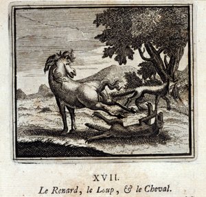 Ræven, Ulven og Hesten. Fabler af Jean de La Fontaine (1621-95). Illustration af François Chauveau (1613-1676). Udgave af 1728.