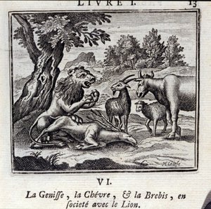 Genisse, Gove og Fåret i selskab med Løven. Fabler af Jean de La Fontaine (1621-95). Illustration af François Chauveau (1613-1676). Udgave fra 1728. af Francois Chauveau