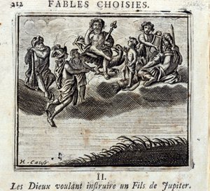 Guderne ønsker at undervise en søn af Jupiter. Fabler af Jean de La Fontaine (1621-95). Illustration af François Chauveau (1613-1676). Udgave fra 1728. af Francois Chauveau