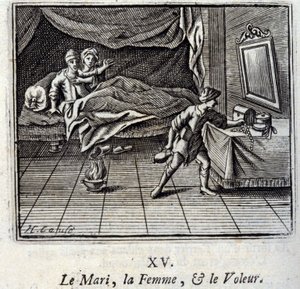 Manden, Kvinden og Tyven. Fabler af Jean de La Fontaine (1621-95). Illustration af François Chauveau (1613-1676). Udgave af 1728. af Francois Chauveau