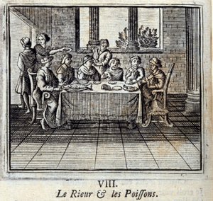Latteren og Fiskene. Fabler af Jean de La Fontaine (1621-95). Illustration af François Chauveau (1613-1676). Udgave af 1728. af Francois Chauveau