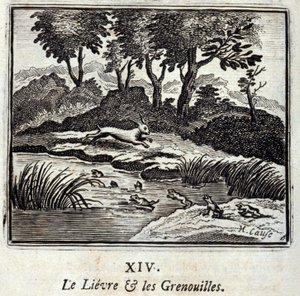 Lievre og frøerne. Fabler af Jean de La Fontaine (1621-95). Illustration af François Chauveau (1613-1676). Udgave af 1728. af Francois Chauveau