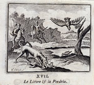 Lievre og Pardrix. Fabler af Jean de La Fontaine (1621-95). Illustration af François Chauveau (1613-1676). Udgave af 1728. af Francois Chauveau